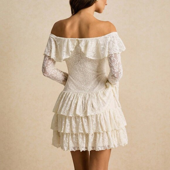 Apricot Elegant Women's Off-Shoulder Dress with Flared Sleeves - Picture 2 of 7